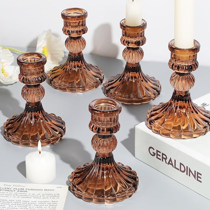12PCS Amber Candlestick Holders Set- 4" H Taper Candle Holders, Glass Candle Holders Bulk for Wedding, Party, Fall Home Table Centerpieces, Festival Gifts & Windowsill Decor-CasaMuseHome