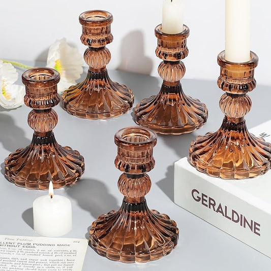 12PCS Amber Candlestick Holders Set- 4" H Taper Candle Holders, Glass Candle Holders Bulk for Wedding, Party, Fall Home Table Centerpieces, Festival Gifts & Windowsill Decor-CasaMuseHome