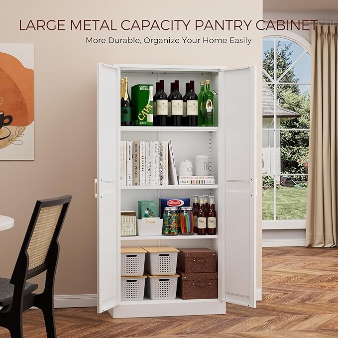 60" Tall Metal Pantry Cabinet, White Kitchen Pantry Storage Cabinet with 3 Adjustable Shelves and Gold Handles, Cupboard for Kitchen, Dining Room, Living Room, Bathroom-CasaMuseHome