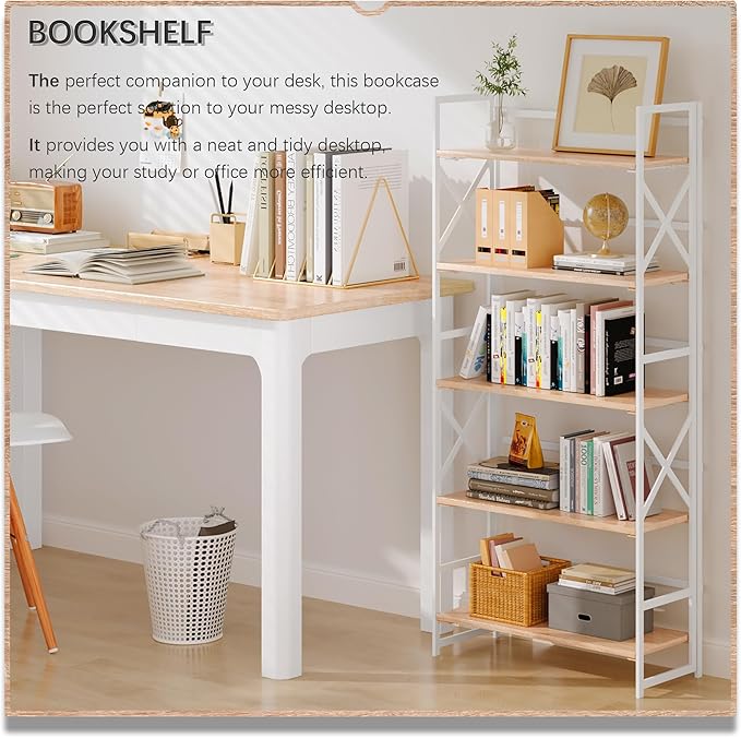 4NM 5 Tiers No Assembly Book Shelves, 51.2" H Folding Bookshelf Bookcase Open Industrial Foldable Shelves for Bedroom, Living Room, Home Office - Natural White-CasaMuseHome