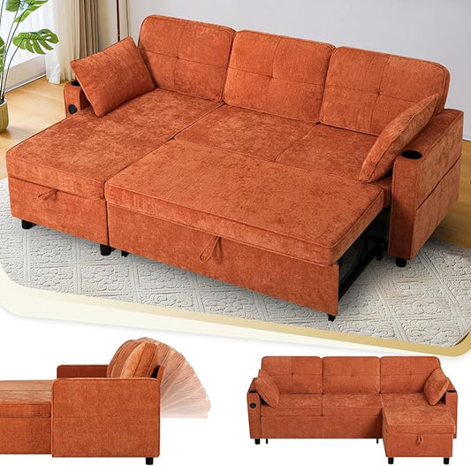 84 Inches Chenille Sectional Sofa w/Pull-Out Sofa Bed & Adjustable Back, Tufted L-Shaped Couch w/Storage Chaise, Sleeper Sectional Sofa w/USB Port & Cup Holders for Living Room, Orange-CasaMuseHome