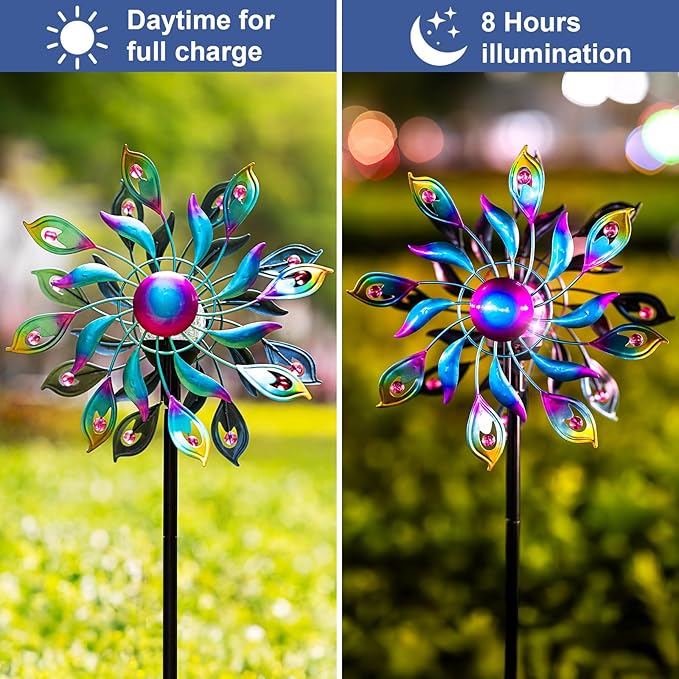 360°Peacock Solar Wind Spinner with Lights Blue Metal Garden Outdoor Decor Yard Lawn Art Decor for Patio Kinetic Windmills Unique Gifts for Friends and Family 51.9' H x 12.2'' Dia-CasaMuseHome