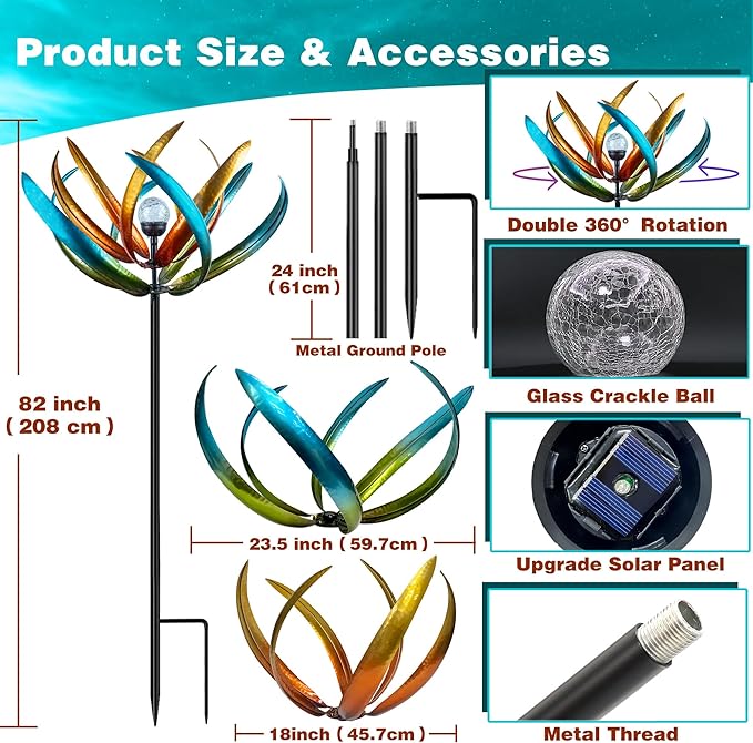 82" Vibrant Multicolor Solar Tulip Large Wind Spinner - Outdoor Garden Decor with Auto-Illuminated Glass Orb for Patio, Lawn & Yard Decoration-CasaMuseHome