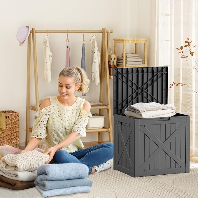 32 Gallon Resin Deck Box, Lockable Outdoor Storage Box for Patio Cushions Storage Furniture,Garden Tools, Pool Supplies, Weatherproof and UV Resistant（Black X）-CasaMuseHome