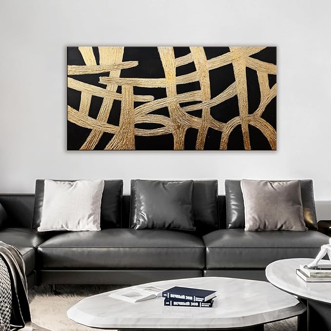 Abstract Wall Art Paintings Canvas Wall Art Decor Black And Gold Lines Artwork for Walls Texture Wall Decorations Modern Minimalist Wall Art Living Room Decor For Room Bedroom Office Wall Decor 24"X48"-CasaMuseHome