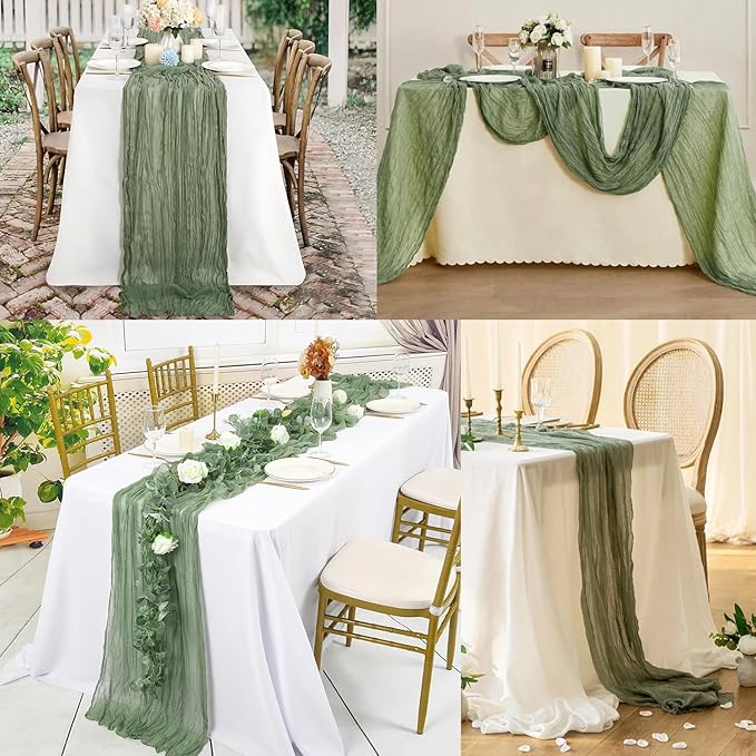 6 Pack Sage Green Cheesecloth Table Runner 10FT Rustic Gauze Fabric Cheese Cloth Table Runner for Wedding Bridal Baby Shower Table Decor 20 x 120 Inch Long Boho Sheer Birthday Party Table Decorations-CasaMuseHome