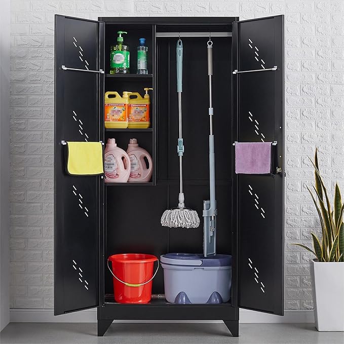 75" Metal Storage Cabinet, Tool Cabinets with Hooks, Garage Storage Cabinet with Lock, Heavy-Duty Tool Cabinet for Utility Room, Gym, Basement, Broom Closet Cabinet, Black-CasaMuseHome