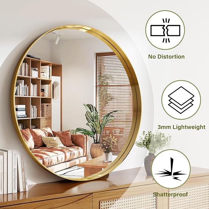 48 Inch Round Bathroom Mirror - Wall Mounted Circle Mirror with Metal Frame, Modern Mirror Suitable for Bathroom, Vanity, Entryway, Living Room, Wall Decor,Gold-CasaMuseHome