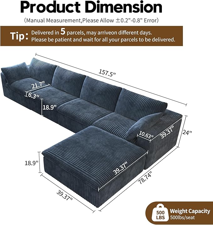 157.5" L Shaped Modern Sofa Modular Sectional Cloud Couch with Ottoman,Deep Seat Upholstered Couches with Corduroy Fabric for Living Room Furniture,Bedroom and Apartment,No Assembly Required,Blue-CasaMuseHome