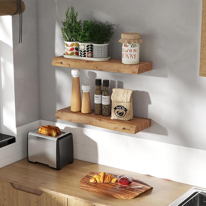 24" Floating Shelves, Live Edge Solid Elm Wood Floating Shelf, Wall Mounted Display Shelves with Heavy-Duty Bracket for Books, Rustic Wooden Shelf for Kitchen, Bathroom, Natural Color, Set of 2-CasaMuseHome