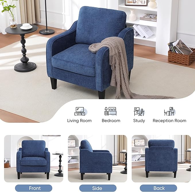 Accent Chair for Living Room, Mid Century Modern Reading Chair for Bedroom, Upholstered Armchair with Side Pockets, Comfy Single Sofa Side Chair for Office, Apartment, Small Room, Blue-CasaMuseHome