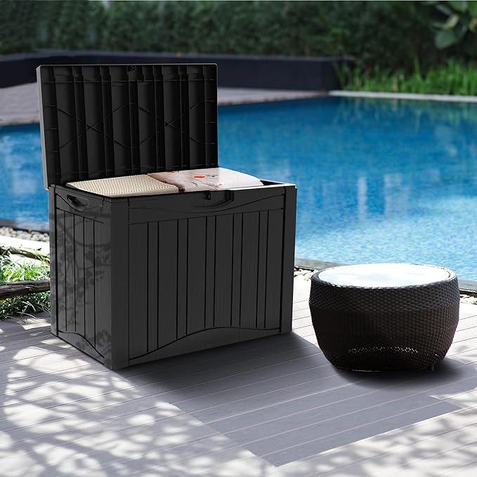 50 Gallon Outdoor Storage Box Waterproof Lockable Resin Deck Box Large, Patio Storage Bin for Pool Accessories Cushion Furniture, Garden Tools, UV-Resistant Outside Delivery Black-CasaMuseHome