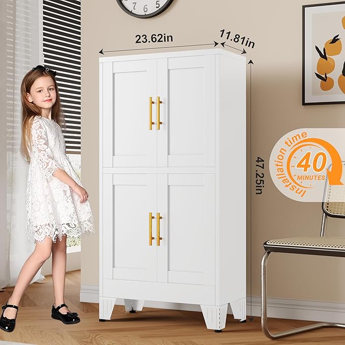 47.25" Metal Pantry Cabinet, Storage Cabinets with 4 Door and 2 Adjustable Shelves, White Bathroom Cabinet, Freestanding Cupboard for Kitchen Dining Living Room Bathroom-CasaMuseHome