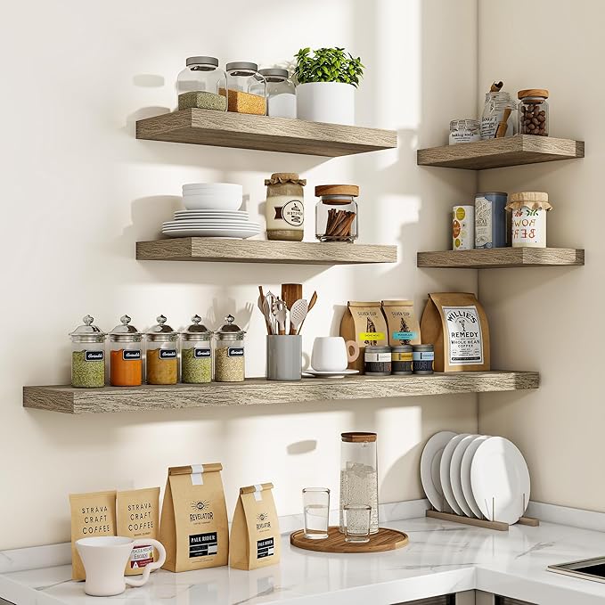 16 Inch Floating Shelves, 3D Textured Wood Grain, 16"x9.25"x1.5" Inch Deep Floating Shelves for Wall, Wooden Shelves for Bathroom, Bedroom, Living Room, Vintage Gray Oak-CasaMuseHome