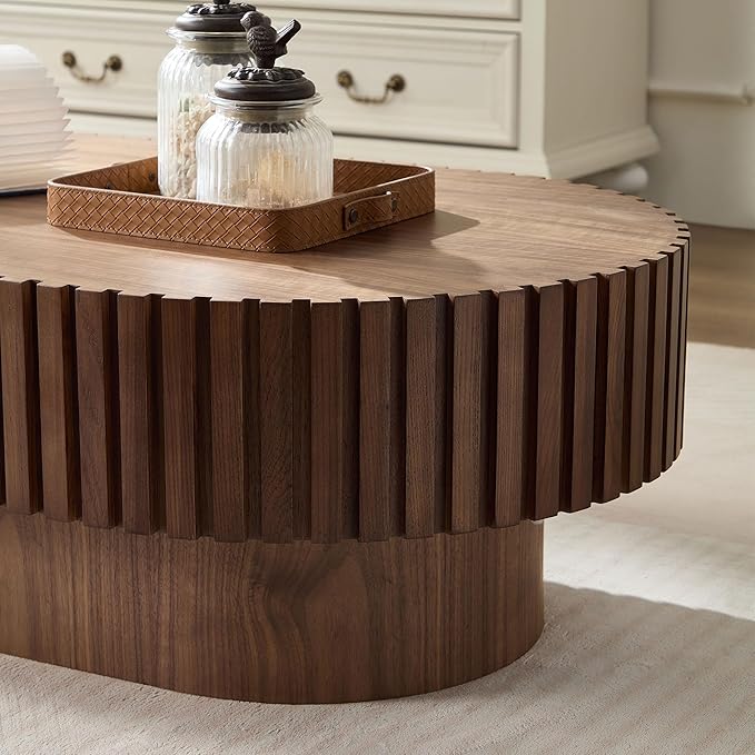 43.7" Oval Coffee Table for Living Room,Modern Handcraft Drum Coffee TableSmall Wooden Coffee Table with Sturdy Pedestal Easy Assembly for Office-Walnut-CasaMuseHome