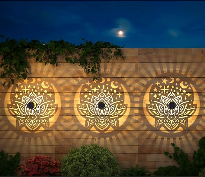 4 Pack Solar Fence Lights Metal Solar Powered Outdoor Wall Deck Lights Lotus Theme Waterproof Fence Light for Garden Post Patio Backyard Yard Decor (Lotus, 4 Pack)-CasaMuseHome