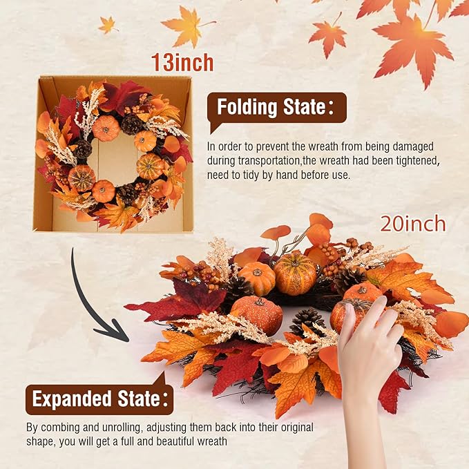 20 Inch Thanksgiving Fall Wreath, Berries Pumpkins Maple Leaves Pine Cones Autumn Wreaths with Hook for Front Door, Fall Decor, Porch Wall Home Outdoor Holiday Decorations Wreath for Autumn-CasaMuseHome
