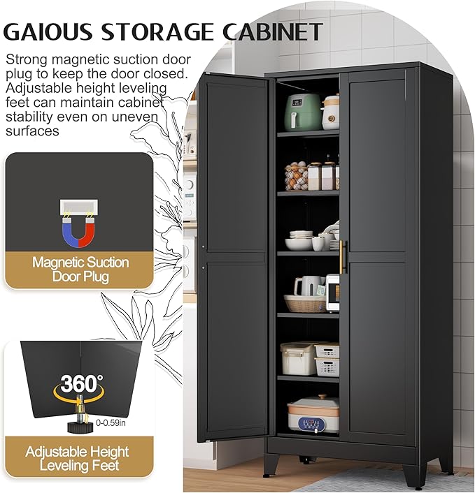 75.2" Tall Storage Cabinet, Pantry Storage Cabinets with 2 Door and 5 Adjustable Shelves, Black Kitchen Food Cabinet, Metal Utility Cabinets for Kitchen, Dinning Room, Laundry Room-CasaMuseHome
