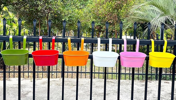 6 Pcs Railing Planter, 10" Metal Hanging Flower Pots for Outdoor Balcony Rails, Fence Pot Hanging Plant Holders with Detachable Hooks for Garden Patio Yard Decor (Multi-Color, 6Pcs)-CasaMuseHome