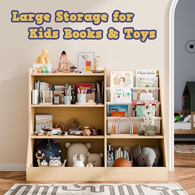 39" Large Kids Wooden Bookshelf and Toy Storage Organizer, Baby Bookcase with Sling Book Rack, Children Toddler Wooden Book Shelf for kids rooms, Playroom, Classroom, Nursery, School (Natural)-CasaMuseHome