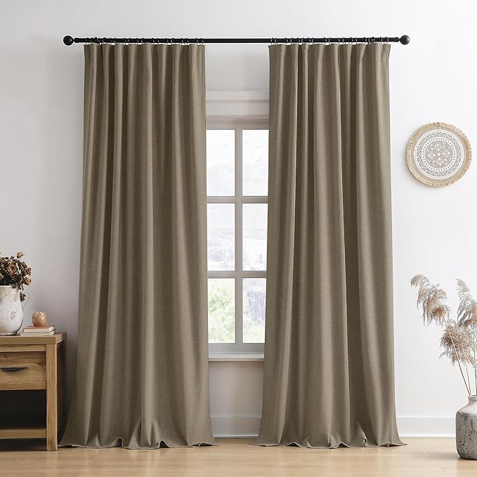 70 Inch Wide Blackout Curtains 2 Panels Set,Back Tab Pleated Curtains Hidden Tab with Hooks,Energy Efficinet Linen Blend Drapes for Dining Room Living Room Hoom Office 70x84 Length Linen Brown-CasaMuseHome