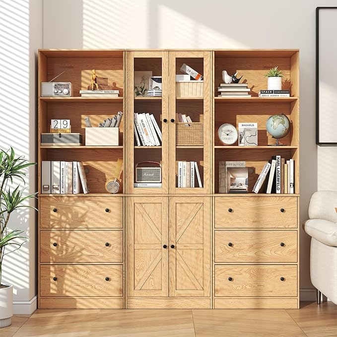 71" Tall Bookshelves Set of 3, 2 Bookcases with Drawers & 1 Bookshelf with Doors, Wooden Bookshelves Floor Standing Display Storage Shelves Home Decor Furniture for Home Office, Living Room-CasaMuseHome