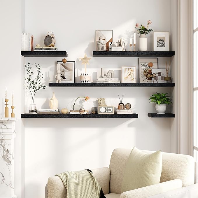 30 Inch Floating Shelves, Rustic Floating Wall Shelves 8 Inch Deep, 30 x 8 Floating Shelves for Home Decor, Deep Display & Storage Shelves for Kitchen, Bathroom, Living Room, Black Color, Set of 2-CasaMuseHome