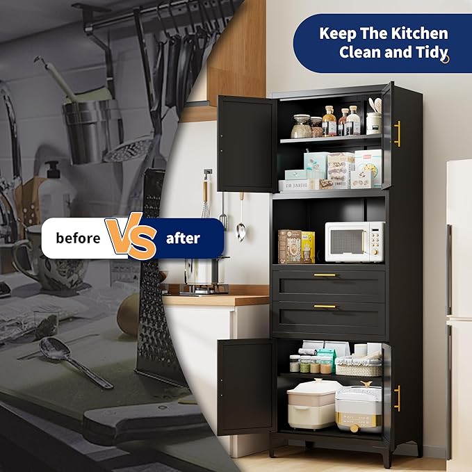 75” Tall Kitchen Pantry Storage Cabinet, Metal Storage Cabinet with 2 Drawers and Adjustable Shelves, Kitchen Pantry Cupboard, Freestanding Cupboard for Bathroom, Living Room(Black)-CasaMuseHome