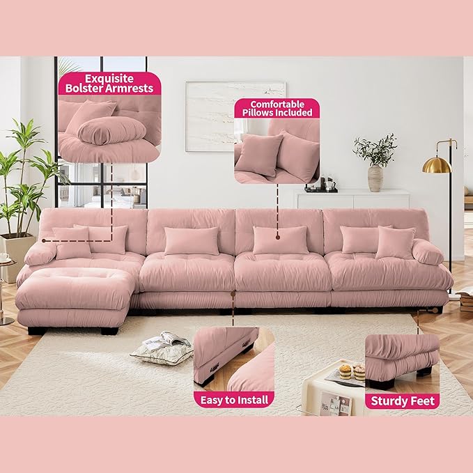 L Shaped Couch Sectional Couch, 4-Seater Cloud Couch Sectional Oversized Couch, Sofa Bed Couch with Round Bolster Armrests 6 Pillows, Modular Couch Home Sofa Living Room Couch(Pink)-CasaMuseHome