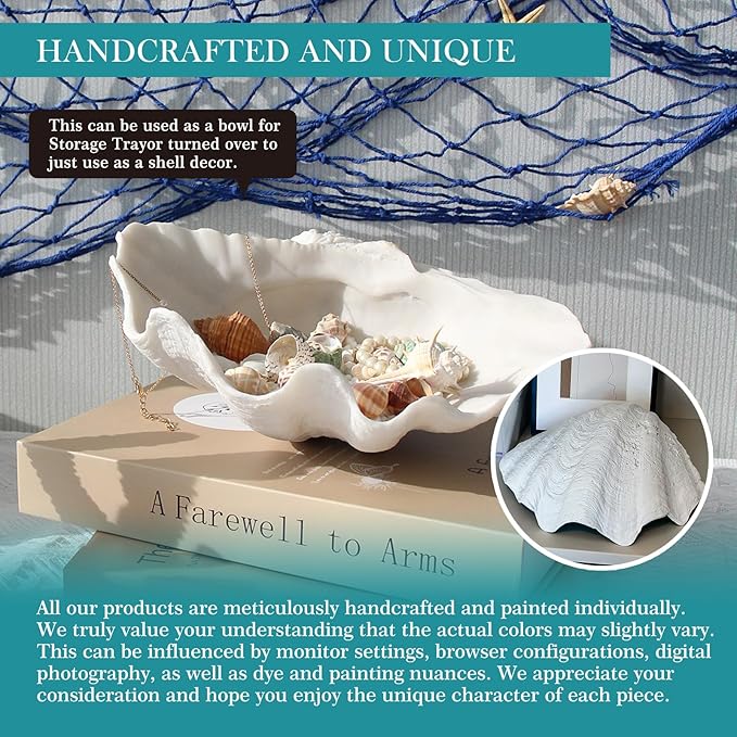 Accessoryway Large White Sea Shells Decorative Bowl Resin Clam Shell Bowl Beach Decorations for Home Coastal Beach Decor Decoration Storage Bowls & Home Office Nautical Themed Party Decor -10.2"-1PC-CasaMuseHome