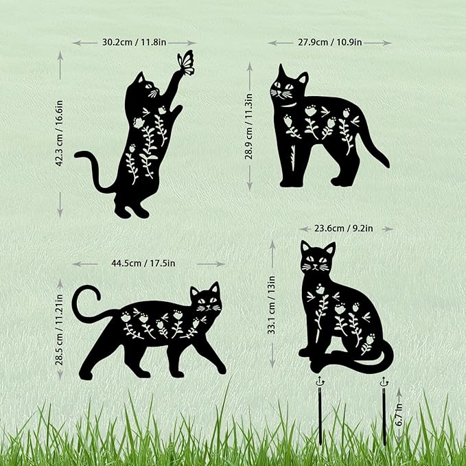 4 Pack Cat Metal Garden Decorative Stakes, Weather Proof Silhouette Statues for Yard, Patio,Outdoor Decor for Cat Lovers and Pet Owners-CasaMuseHome