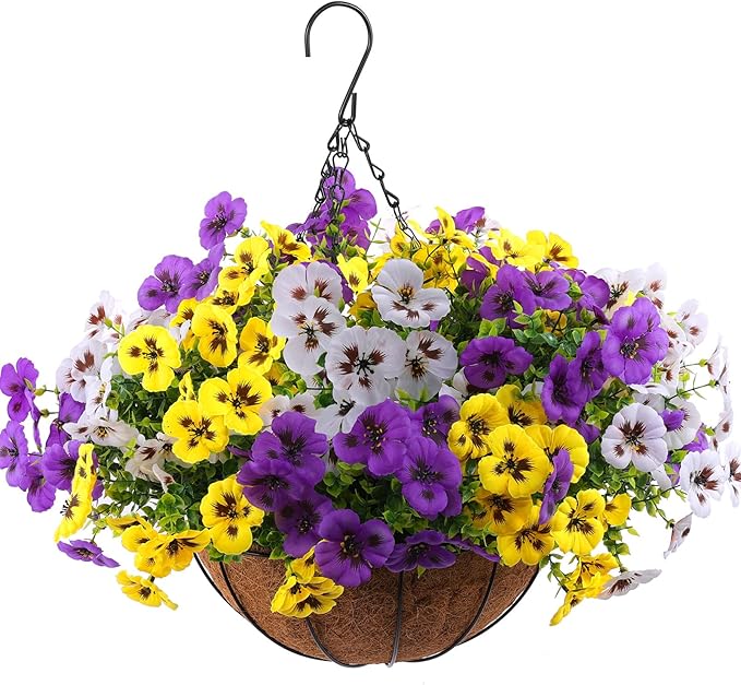 18 Bundles Artificial Fake Pansy Flowers for Outdoor, Faux UV Resistant Silk Pansies Flowers for Outside Planter Front Door Porch Yard Patio Window Box Home Decor (18, Purple, Yellow, White)-CasaMuseHome