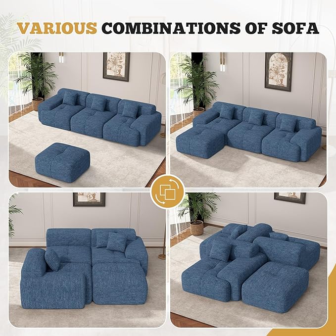 122" Modern L Shaped Modular Sectional Sofa, Boneless Couches for Living Room with Ottoman,4 Seater Convertible Chenille Cloud Couch Sofa Set, No Assembly Required, Blue 1 PCS-CasaMuseHome