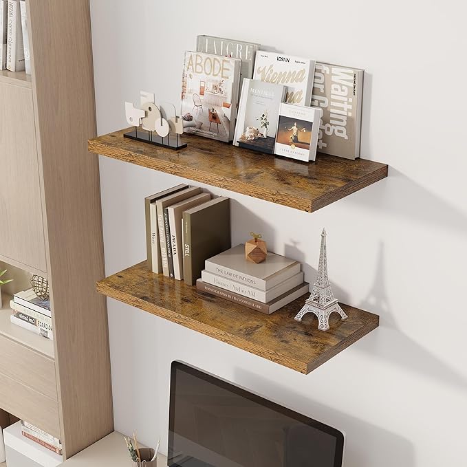 30" Floating Shelves for Wall, 12" Deep Slim Rustic Brown Floating Shelves, Wall-Mounted Shelves for Bedroom, Living Room, Kitchen, Bathroom - Set of 2-CasaMuseHome