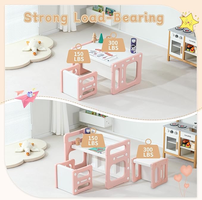 3 in 1 Montessori Weaning Table and 2 Chairs Set, Kids Desk and Chair Set, 2 Height Levels, Toddlers Activity Table for Drawing, Dining, Reading and Playing, Pink-CasaMuseHome