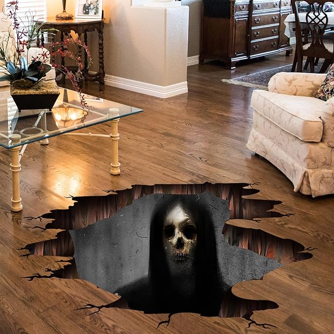 3D Halloween Wall Decals Scary Skeleton Halloween Wall Stickers, Spooky Long Hair Zombie Floor Decor Posters Decals Decorations for Living Room Bedroom Party Supplies-CasaMuseHome