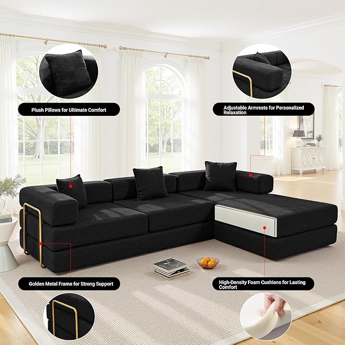 108" Oversized Convertible Sleeper Sofa Bed, Corduroy L Shape Sectional Couch, Folding Sofa Bed with Side Pocket, Modern Cloud Floor Mattress Couch, Modular Sofa for Living Room, Black-CasaMuseHome