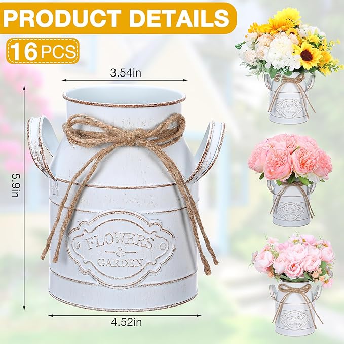6 Inch Farmhouse Vase Decor Milk Can Vintage Flower Jug Galvanized Metal Vase with Handle Rustic Flower Buckets for Thanksgiving Christmas Table Centerpiece Weddings Gifts(Retro White,16 Pcs)-CasaMuseHome