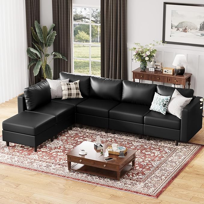 118.5" Faux Leather Modular Sectional Sofa, L Shaped Couch Set for Living Room, 6-Seater Comfy Cloud Couches with Movable Storage Ottoman Black-CasaMuseHome