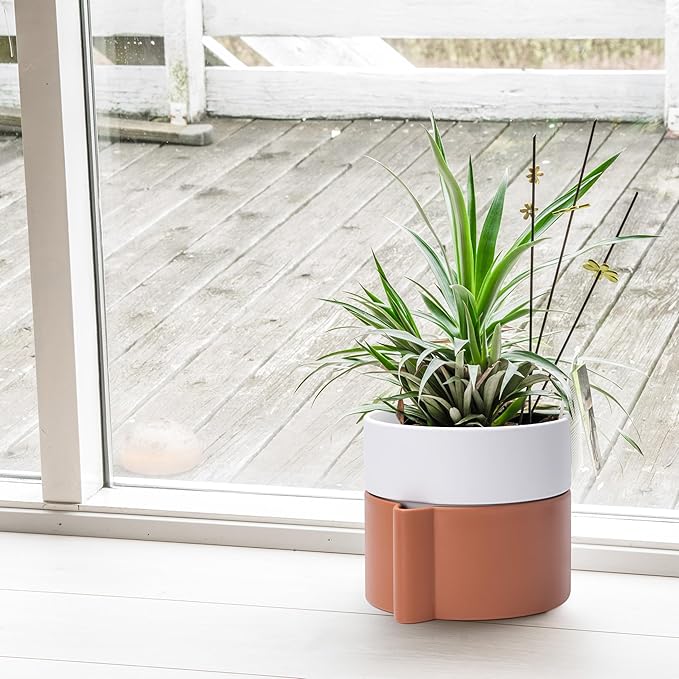 8 Inch Self-Watering Planter Pot with Terracotta Insert, Deep Water Reservoir, and Ceramic-Alike BPA-Free Plastic Planter Pot for Plant, Modern Planter for Houseplants, Terracotta/White, 53-B-T-6-CasaMuseHome
