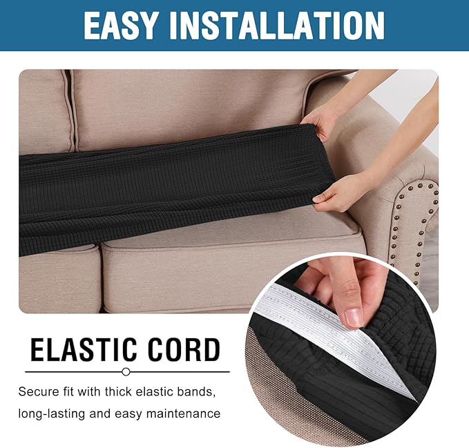 H.VERSAILTEX Super Stretch Individual Seat Cushion Covers Sofa Covers Couch Cushion Covers Slipcover Sets Thick Jacquard Textured Twill Fabric (1 Piece Loveseat Cushion Cover, Black)-CasaMuseHome