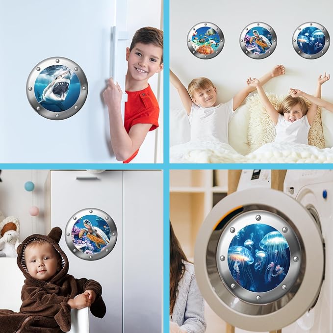 3D Ocean Animals World Wall Stickers Glow in The Dark, 4 Pcs Sharks Turtles Jellyfishs Removable Decals for Kids, Vinyl Stickers for Ceiling (Blue)-CasaMuseHome