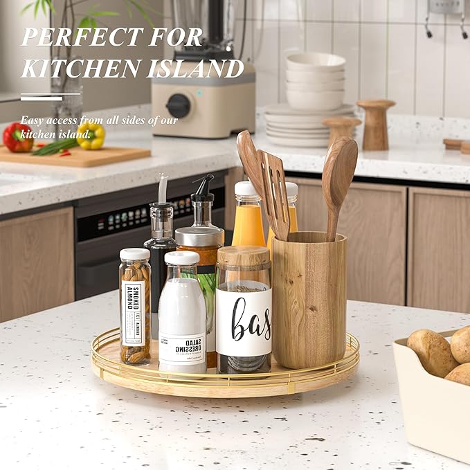 16 Inch Rustic Lazy Susan Turntable – Solid Oak & Iron Wood Rotating Tray for Dining Table, Kitchen Counter, Coffee Table – Farmhouse Style Large Wooden Lazy Susan Organizer for Home Décor-CasaMuseHome