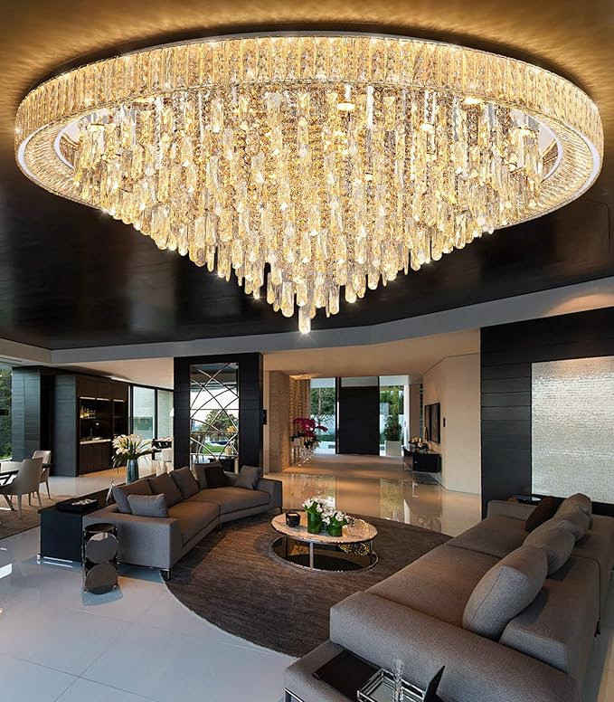 53.7'' Modern Chandeliers LED Dimmable Crystal Flush Mount Ceiling Chandeliers for Living Room High Ceiling Entrance Foyer Lobby Bedroom Silver-CasaMuseHome