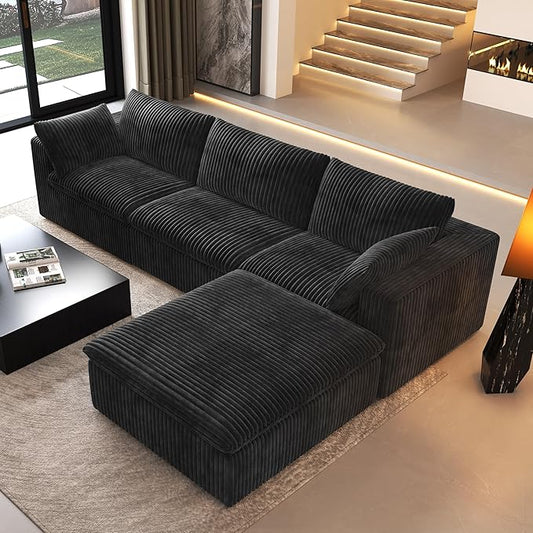 118" L Shaped Modern Sofa Modular Sectional Cloud Couch with Ottoman,Deep Seat Upholstered Couches with Plush Corduroy Fabric for Living Room Furniture,Bedroom and Apartment,No Assembly Required,Black-CasaMuseHome