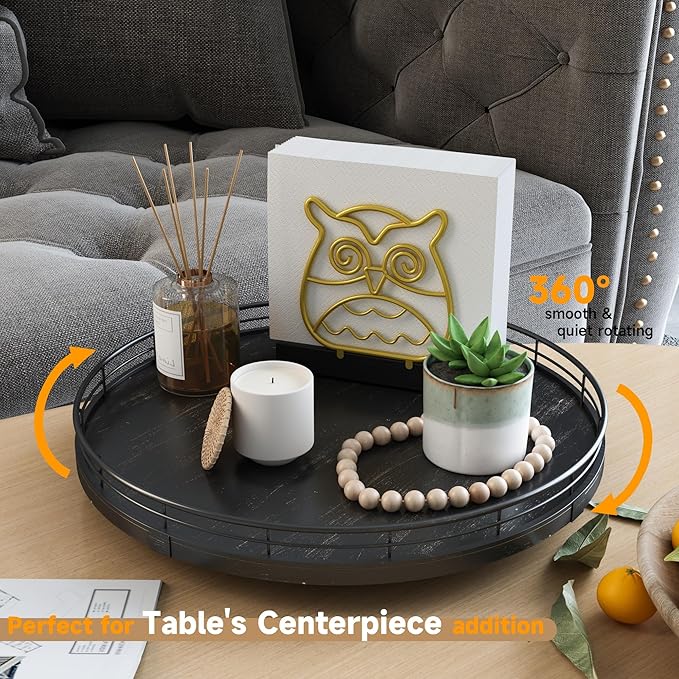 13" Oak Bathroom Vanity Tray Turntable for Perfume Candle, Round Wooden Decorative Tray for Kitchen Sink Countertop Organizer, Bathroom Counter Organizer for Skincare Makeup, Farmhouse Black Gold-CasaMuseHome