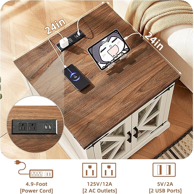 24" End Table Set of 2 with Charging Station, Farmhouse Night Stand with Glass Barn Door, Nightstands with Adjustable Storage Shelf, Large Wood Square Bed Side Table for Living Room,Bedroom-CasaMuseHome