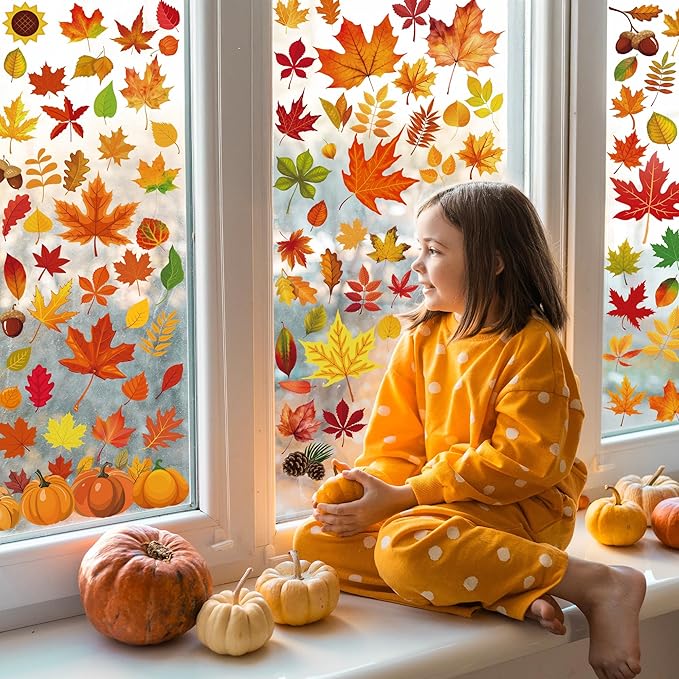 9 Sheets Fall Decorations, 274 PCS Fall Window Clings, Double Sided Autumn Stickers with Maple Leaves Pumpkin Nuts, Autumn Window Clings for Party Thanksgiving Decor Indoor Outdoor Accessories-CasaMuseHome