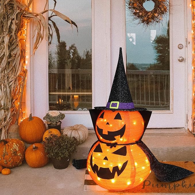 3FT Halloween Collapsible Pumpkin Decoration, 50 LED Pop-Up Pumpkin Lamp with Star Cap, Plug in Halloween Jack-O-Lantern with Metal Stand for Indoor Outdoor Garden Patio Party Decor-CasaMuseHome