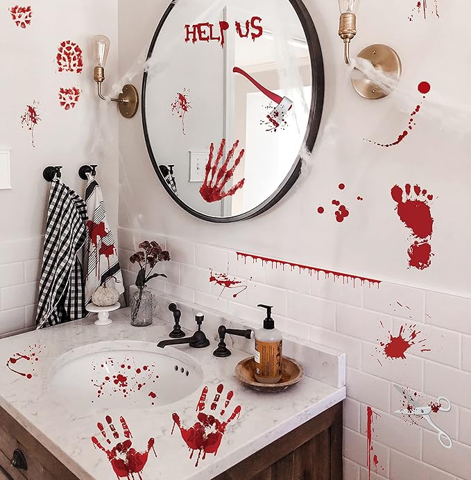 173PCS Halloween Bloody Footprints Floor Clings Plus Tattoos - Hallowmas Handprint Zombie Restroom Sign Decals Party Decorations-CasaMuseHome